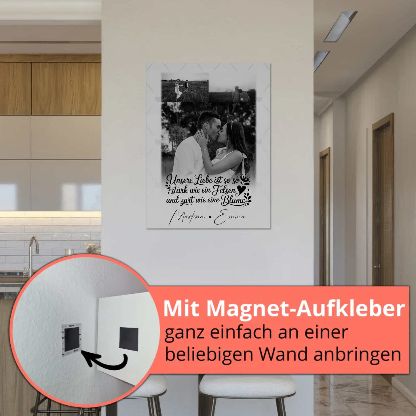 Personalisierte Fotoboard Magnet Wandbild mit 3 Fotos Stark wie ein Felsen und zart wie eine Blume