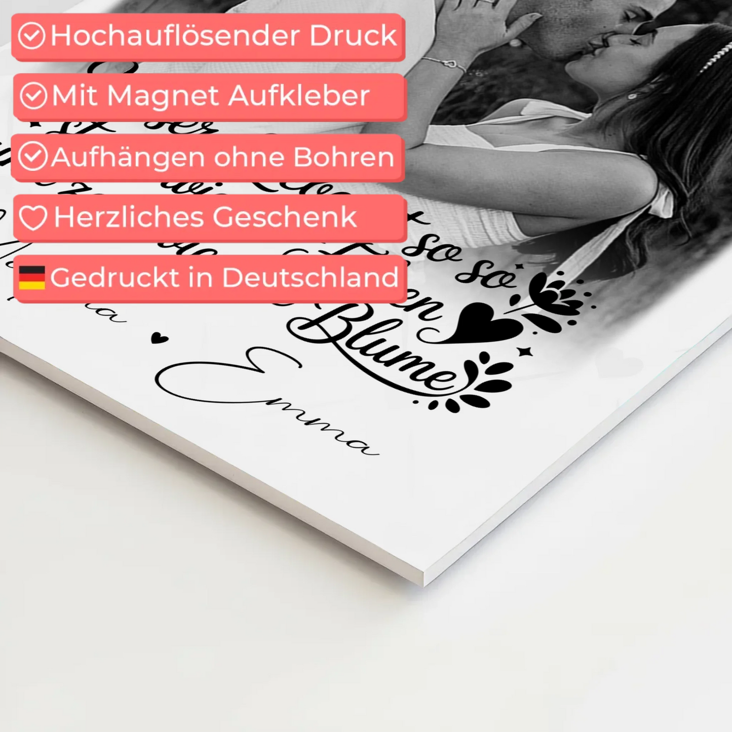 Personalisierte Fotoboard Magnet Wandbild mit 3 Fotos Stark wie ein Felsen und zart wie eine Blume