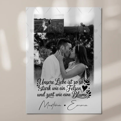 Personalisierte Fotoboard Magnet Wandbild mit 3 Fotos Stark wie ein Felsen und zart wie eine Blume