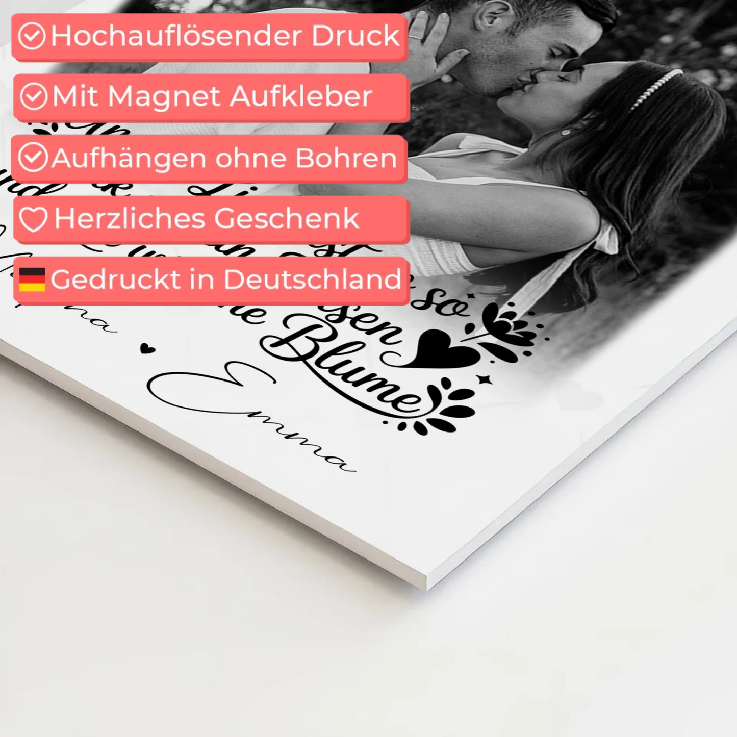 Personalisierte Fotoboard Magnet Wandbild mit 3 Fotos Stark wie ein Felsen und zart wie eine Blume