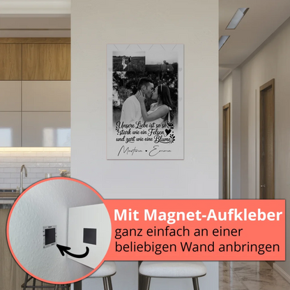 Personalisierte Fotoboard Magnet Wandbild mit 3 Fotos Stark wie ein Felsen und zart wie eine Blume