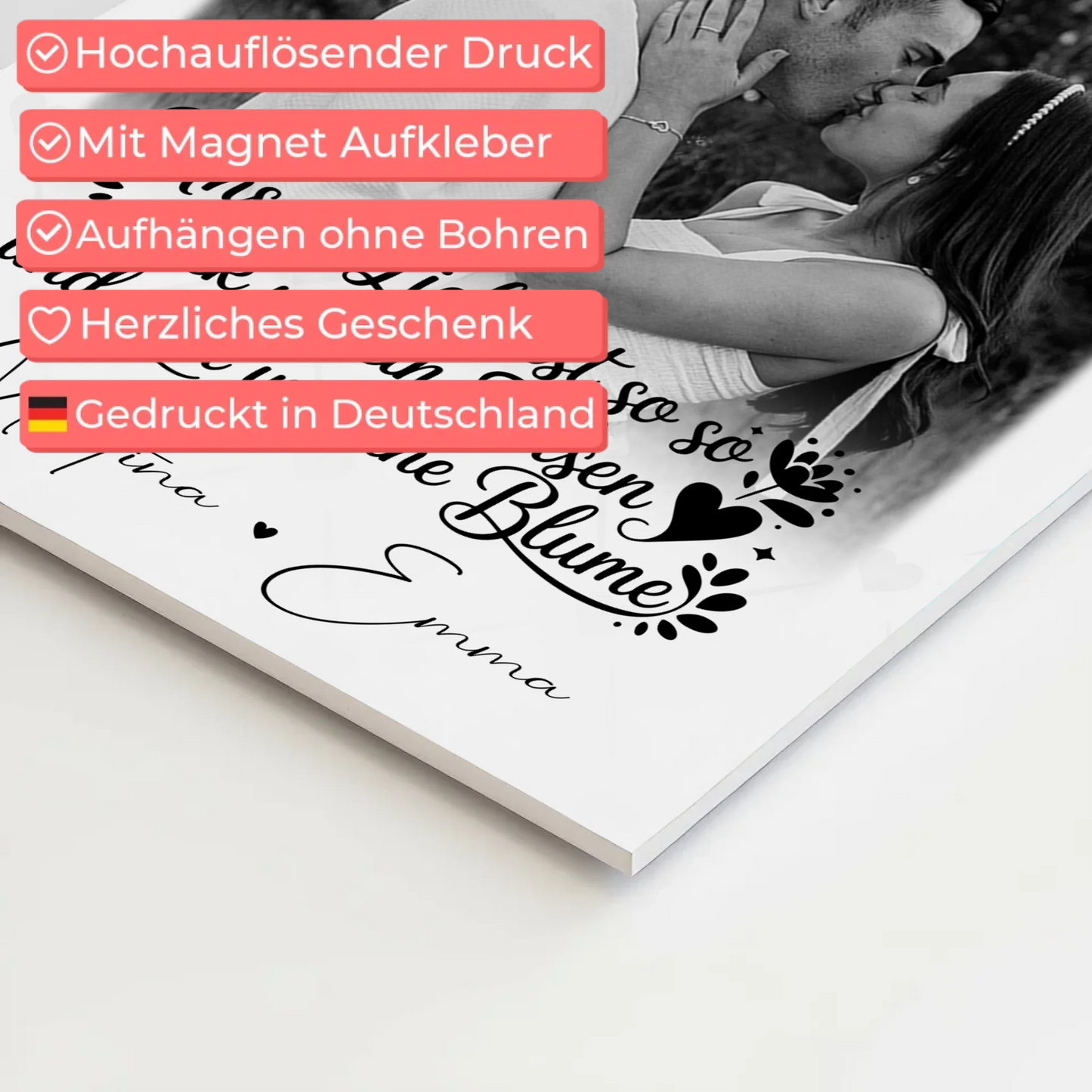 Personalisierte Fotoboard Magnet Wandbild mit 3 Fotos Stark wie ein Felsen und zart wie eine Blume