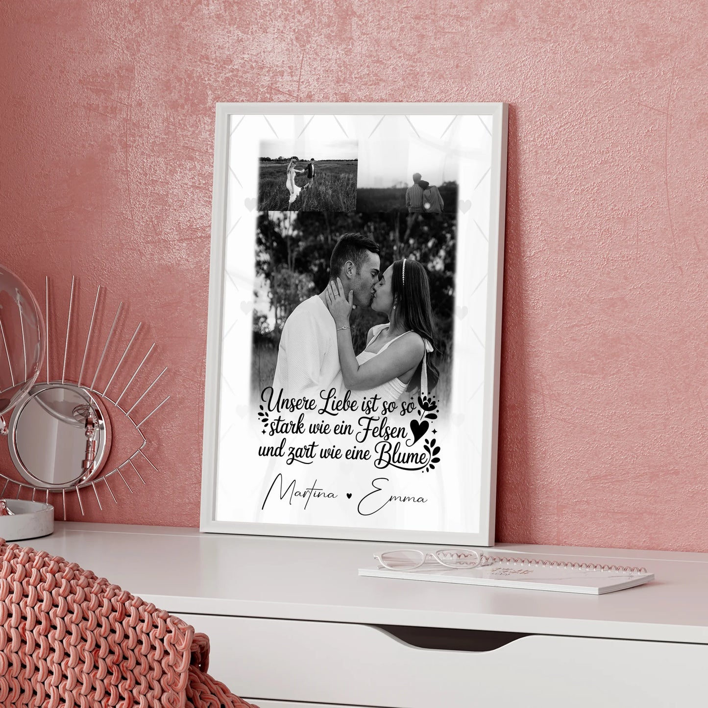 Stark wie ein Felsen und zart wie eine Blume Poster Liebe personalisiert mit 3 Fotos