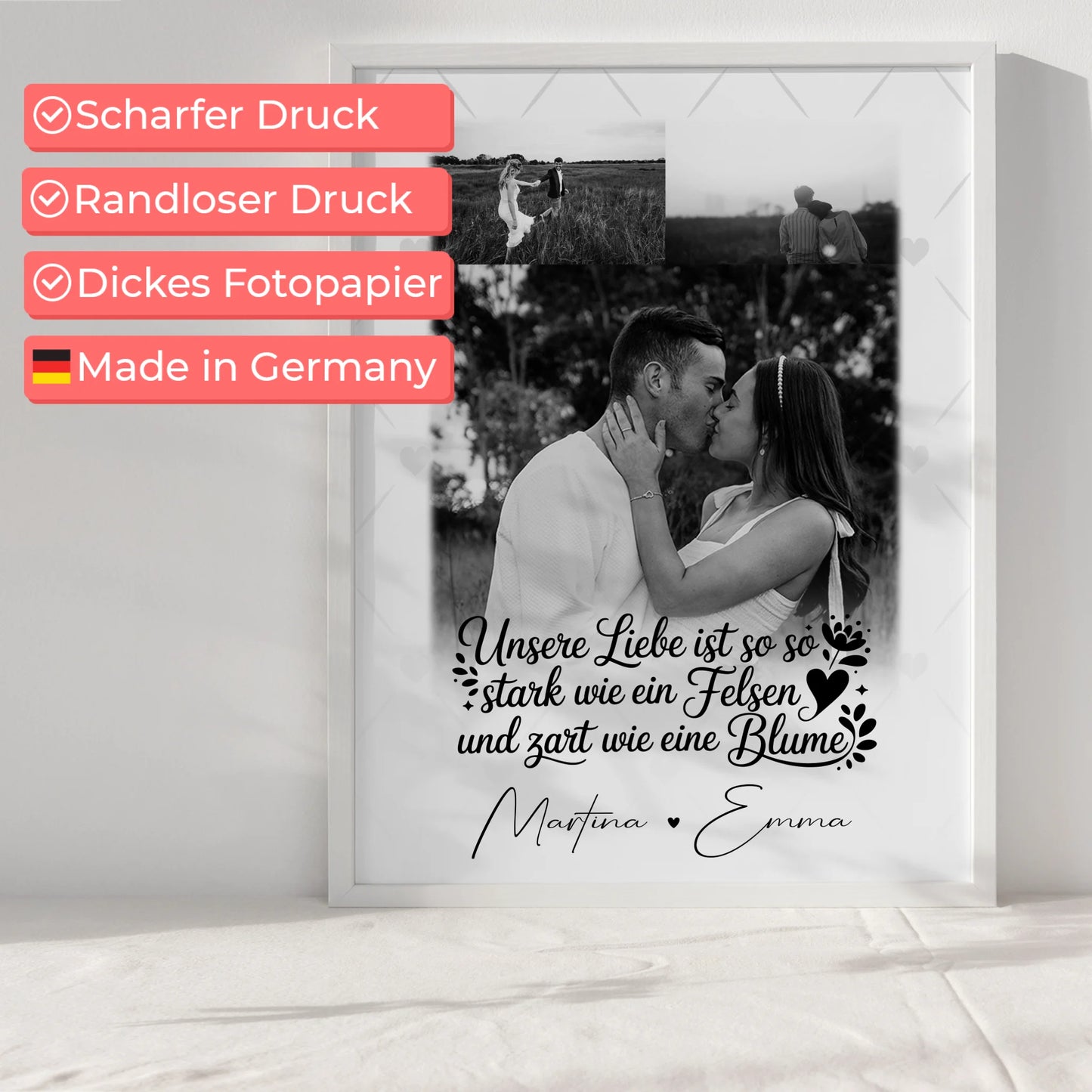 Stark wie ein Felsen und zart wie eine Blume Poster Liebe personalisiert mit 3 Fotos
