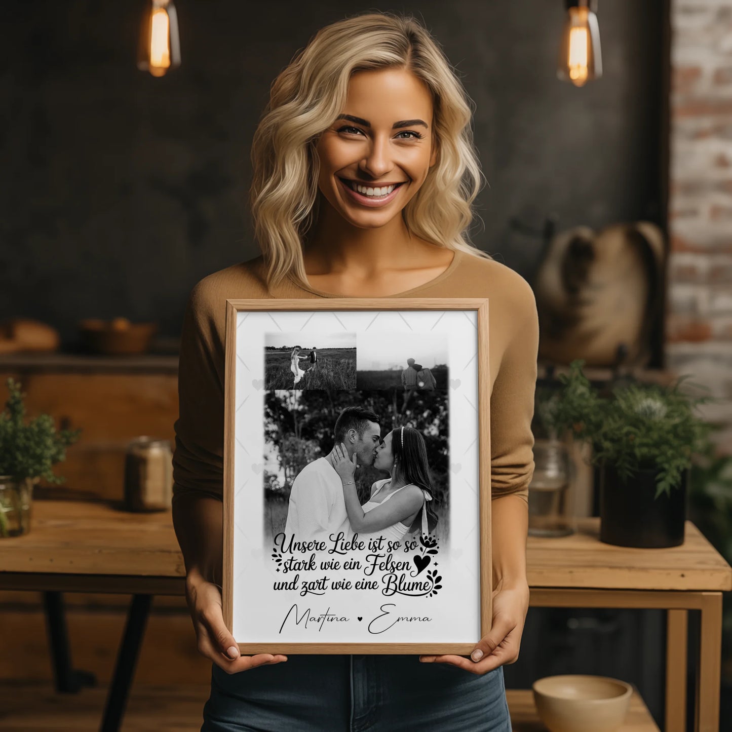 Stark wie ein Felsen und zart wie eine Blume Poster Liebe personalisiert mit 3 Fotos