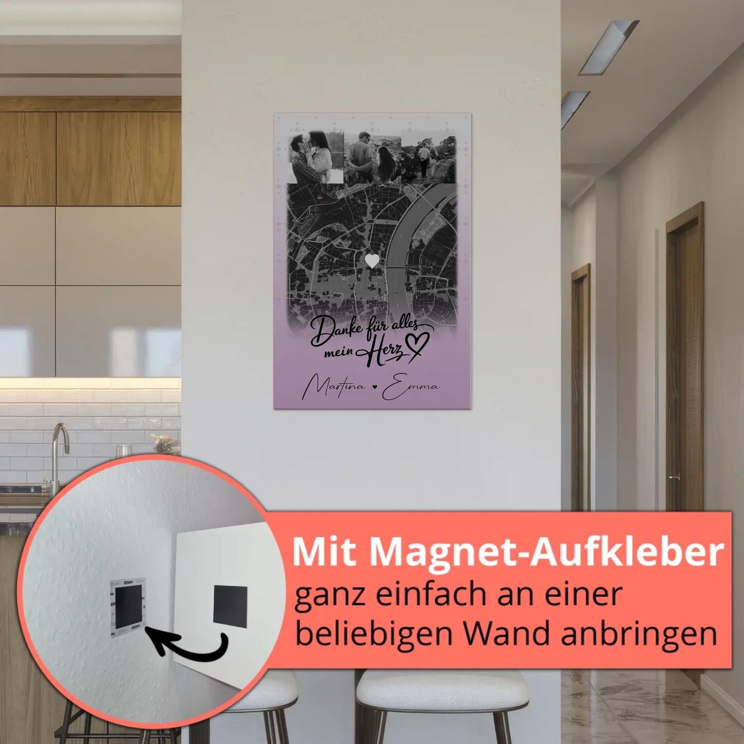 Personalisierte Fotoboard Magnet Poster mit 4 Fotos und Karte Danke Für Alles Mein Herz
