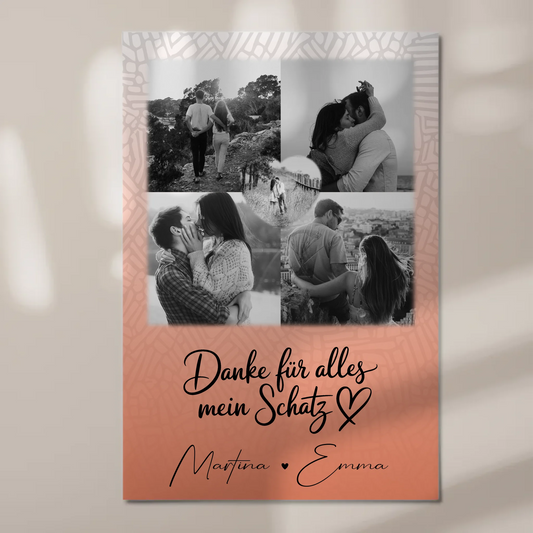 Personalisierter Fotoboard Magnet Wandbild mit 4 Fotos und 1 Herz Foto Danke Für Alles Mein Schatz 1