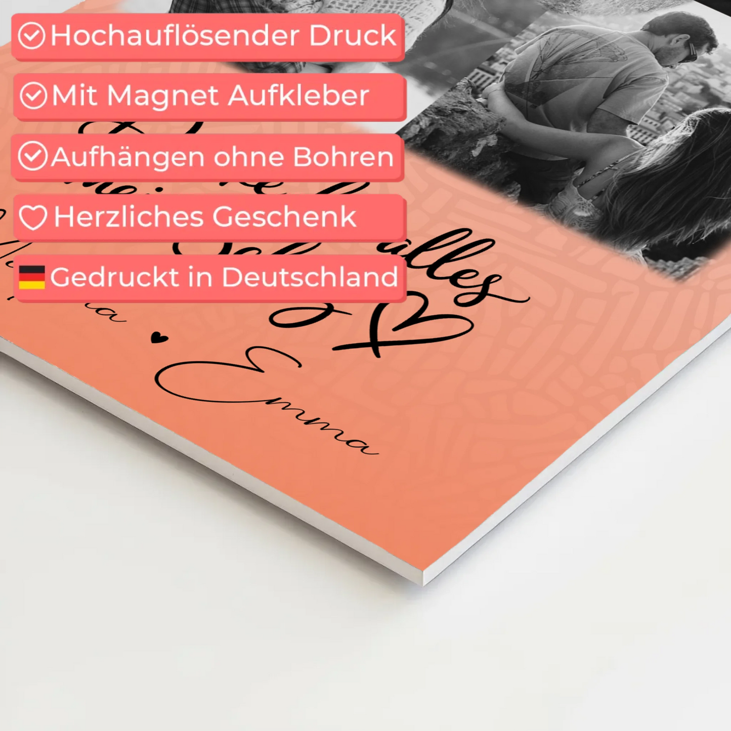 Personalisierter Fotoboard Magnet Wandbild mit 4 Fotos und 1 Herz Foto Danke Für Alles Mein Schatz