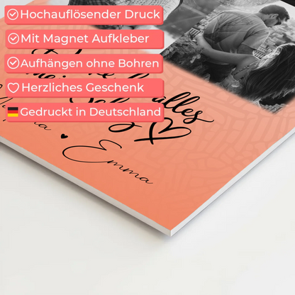 Personalisierter Fotoboard Magnet Wandbild mit 4 Fotos und 1 Herz Foto Danke Für Alles Mein Schatz