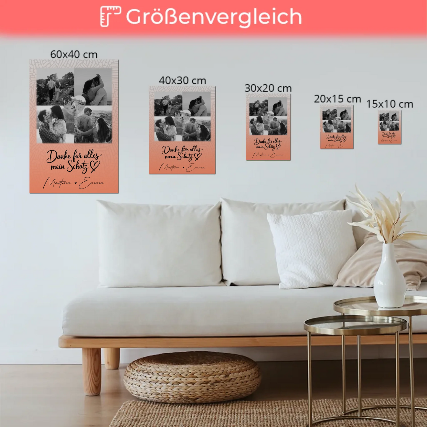 Personalisierter Fotoboard Magnet Wandbild mit 4 Fotos und 1 Herz Foto Danke Für Alles Mein Schatz