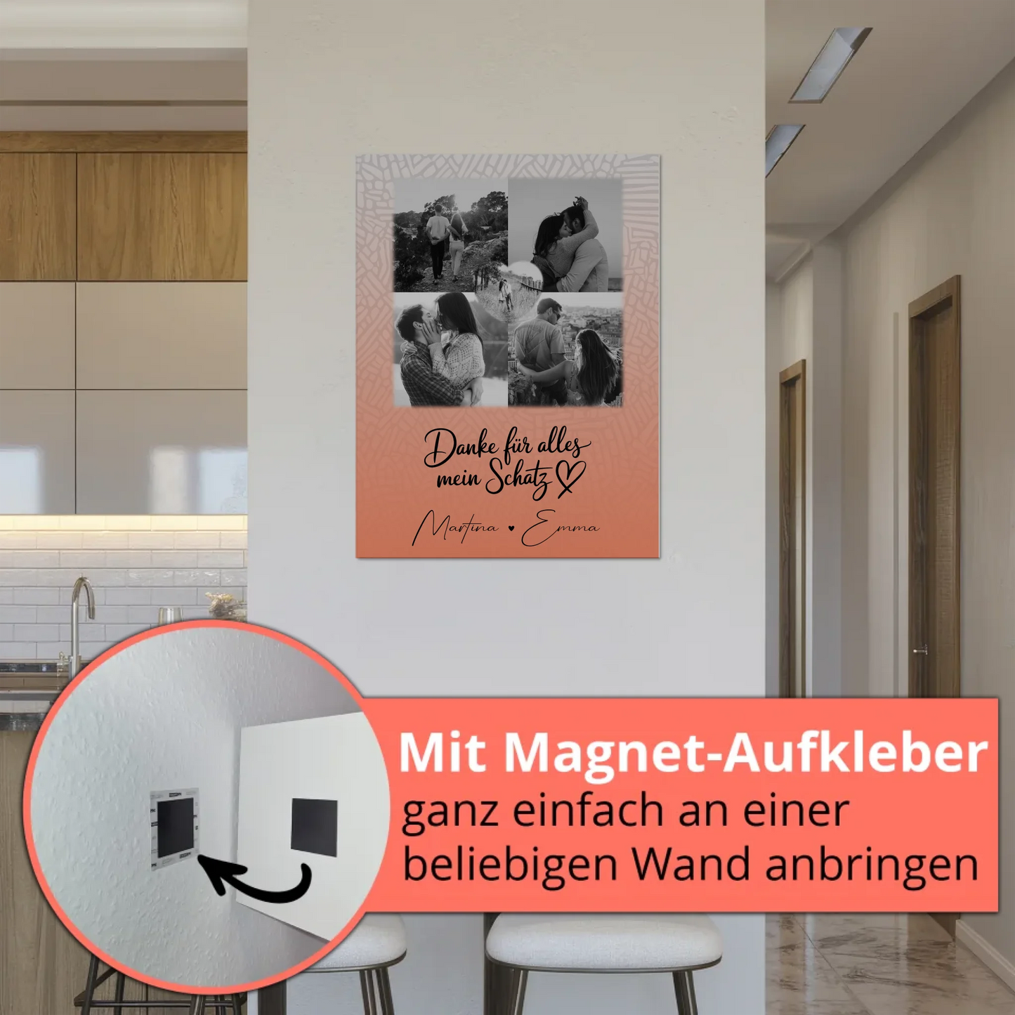 Personalisierter Fotoboard Magnet Wandbild mit 4 Fotos und 1 Herz Foto Danke Für Alles Mein Schatz