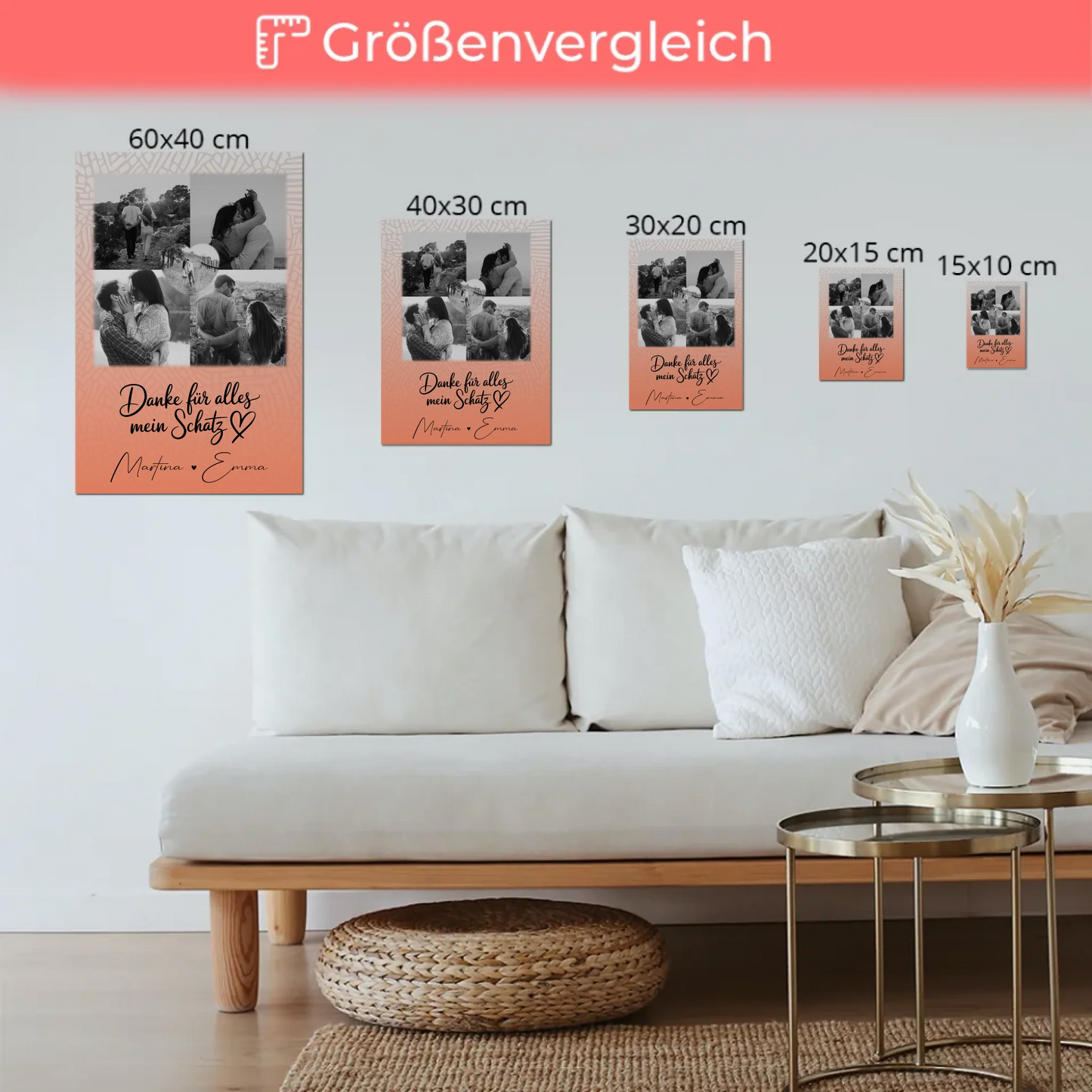 Personalisierter Fotoboard Magnet Wandbild mit 4 Fotos und 1 Herz Foto Danke Für Alles Mein Schatz
