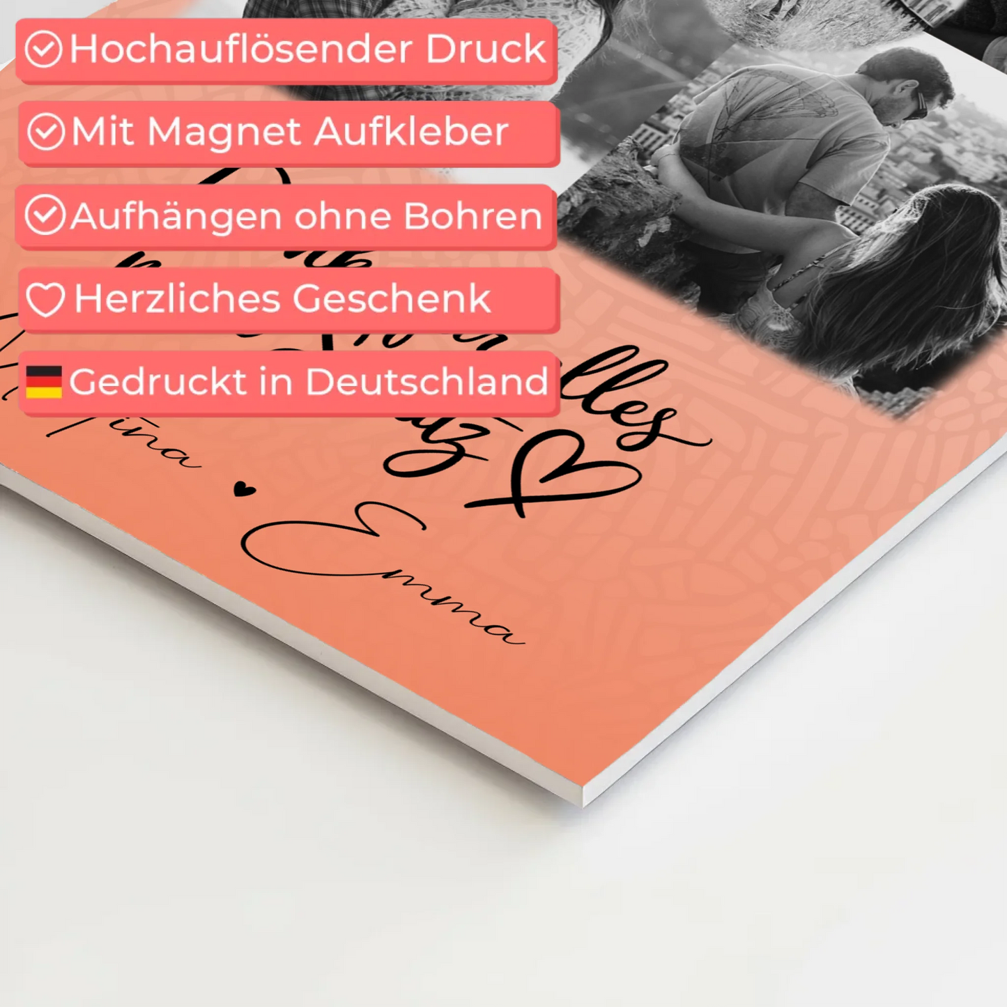 Personalisierter Fotoboard Magnet Wandbild mit 4 Fotos und 1 Herz Foto Danke Für Alles Mein Schatz