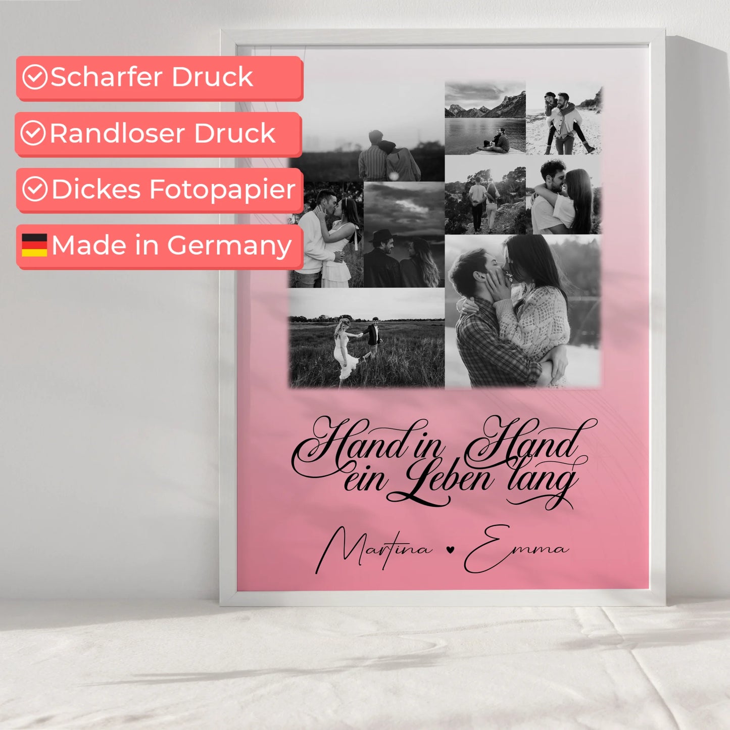 Personalisiertes Liebes Poster mit 9 Fotos Hand In Hand Ein Leben Lang