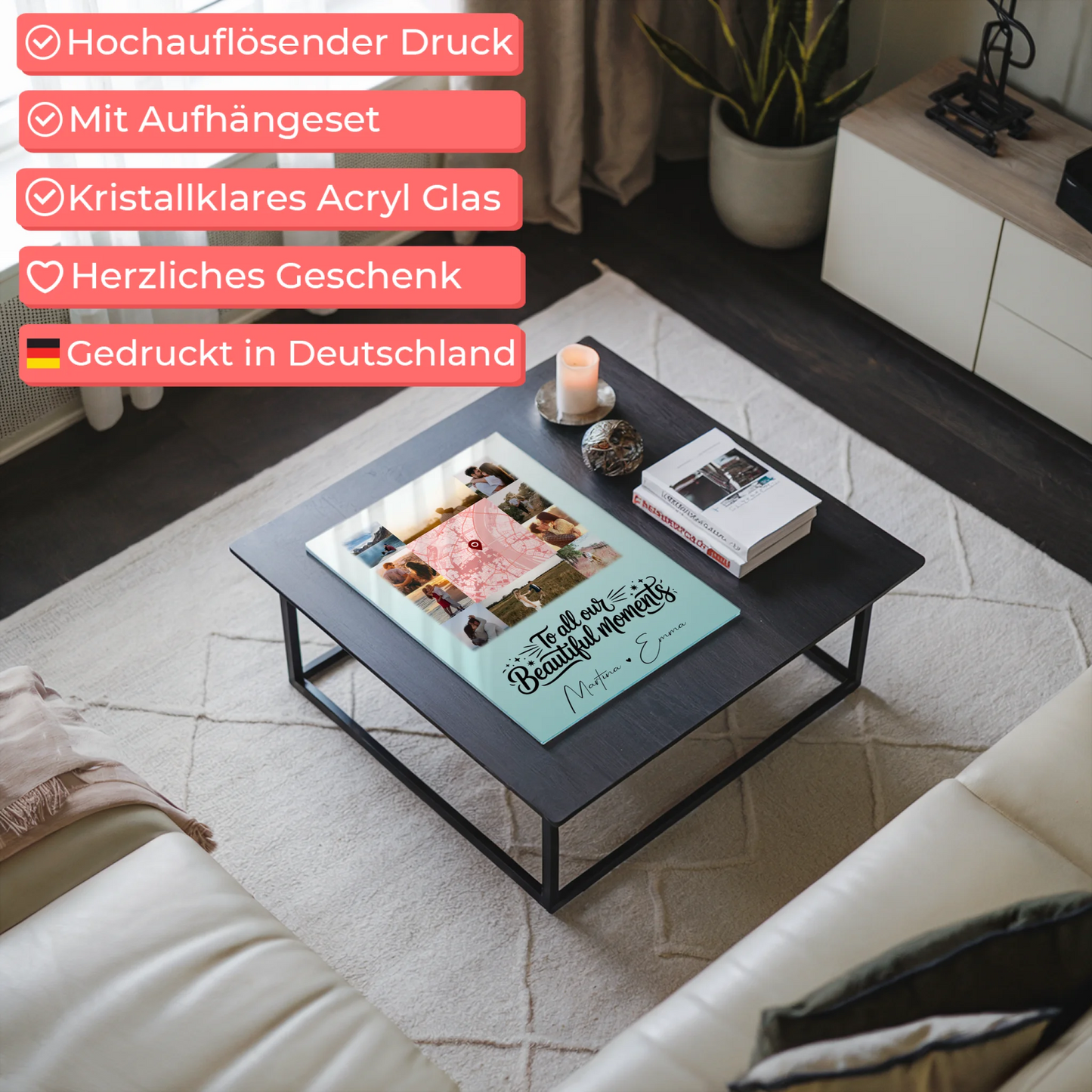 Personalisierte Foto Acrylglas mit 10 Fotos und Karte in der Mitte – Individuelle Geschenke