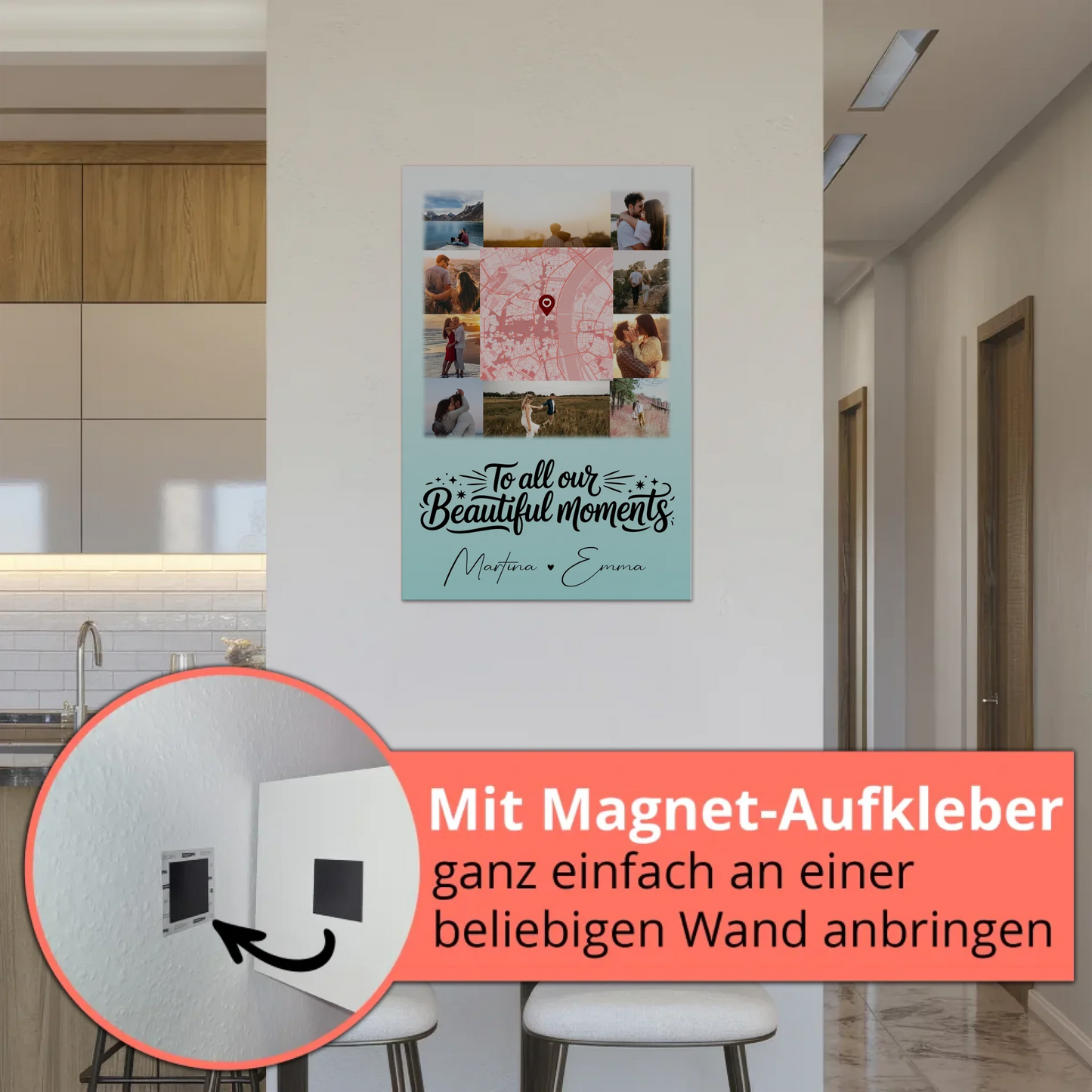 Personalisiertes Fotoboard Magnet Poster mit 10 Fotos und Karte in der Mitte für individuelle Geschenke 5