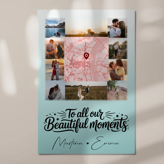 Personalisiertes Fotoboard Magnet Poster mit 10 Fotos und Karte in der Mitte für individuelle Geschenke 1