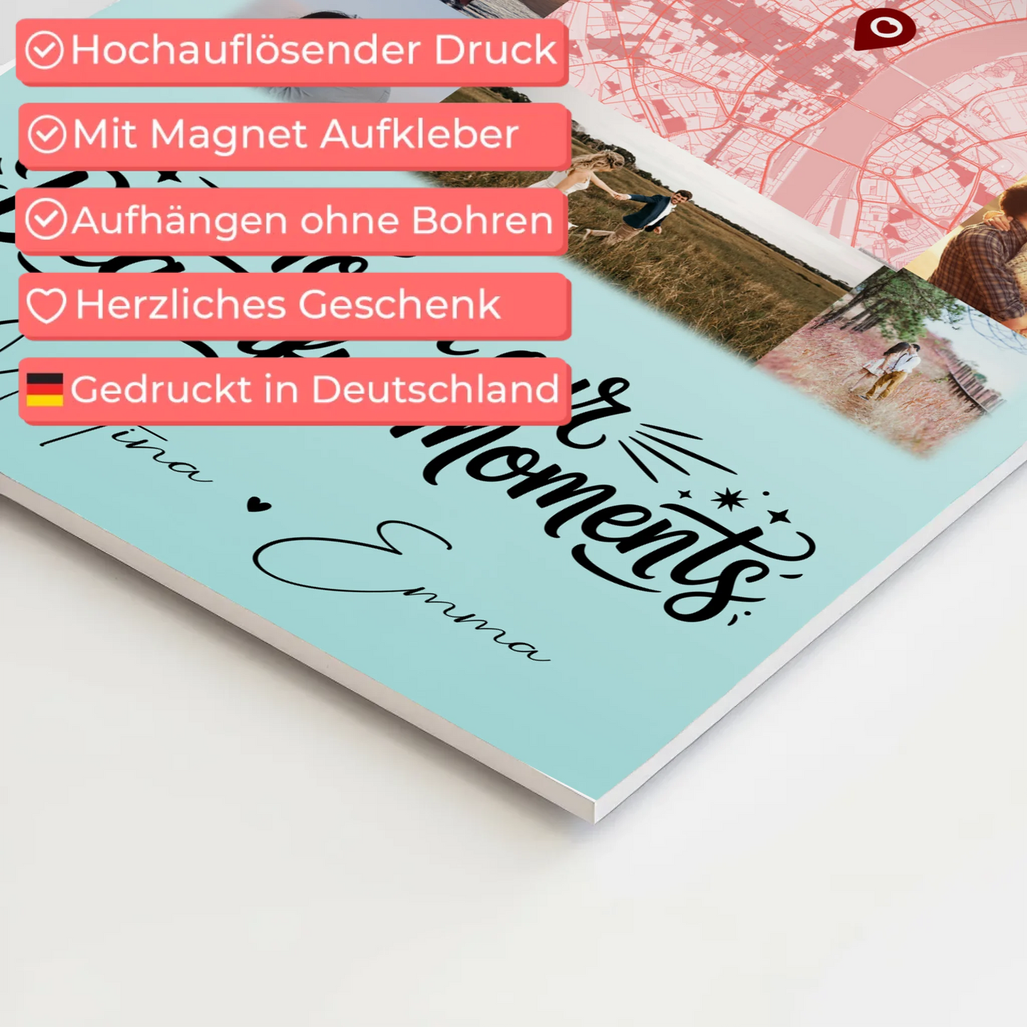 Personalisiertes Fotoboard Magnet Poster mit 10 Fotos und Karte in der Mitte für individuelle Geschenke 4