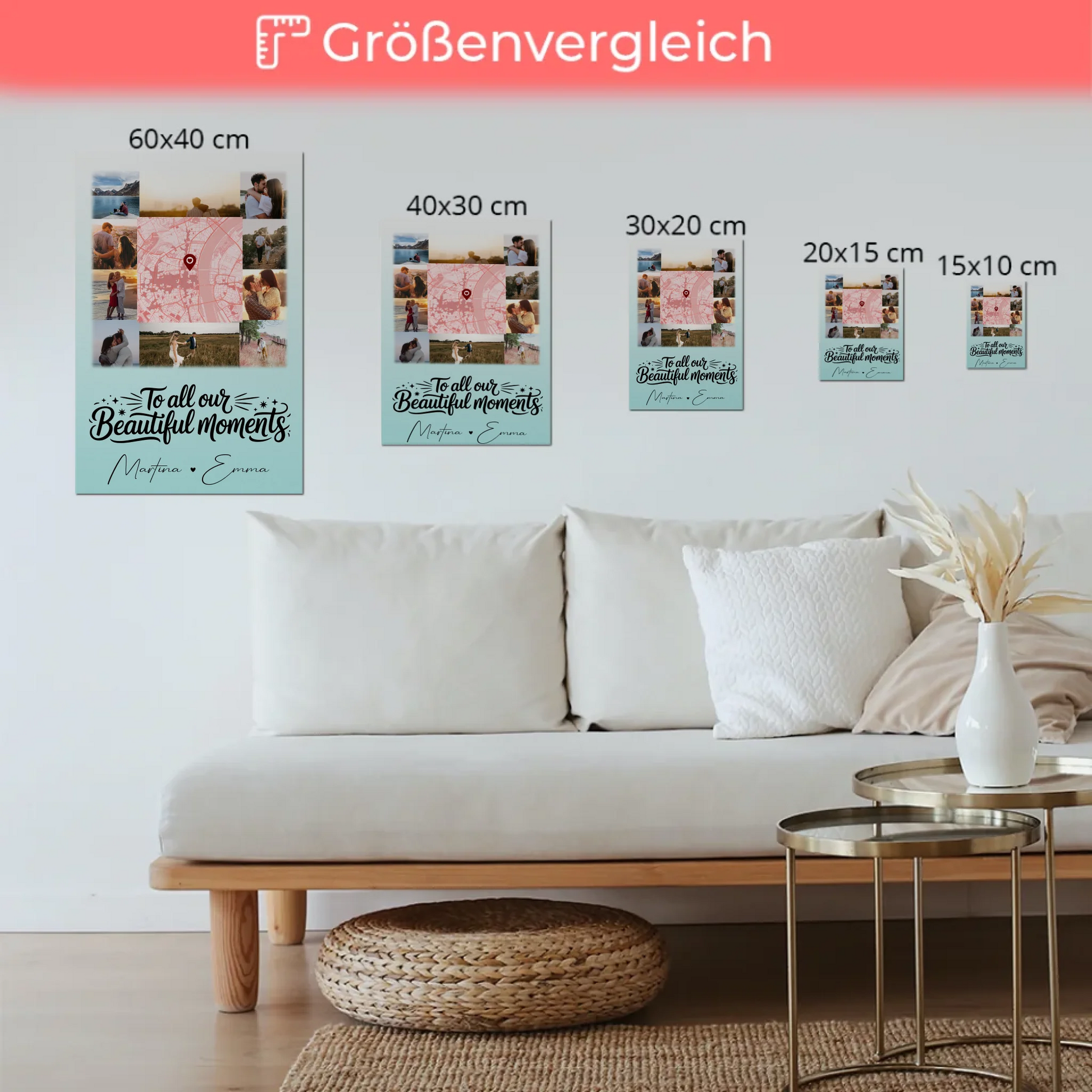 Personalisiertes Fotoboard Magnet Poster mit 10 Fotos und Karte in der Mitte für individuelle Geschenke 6
