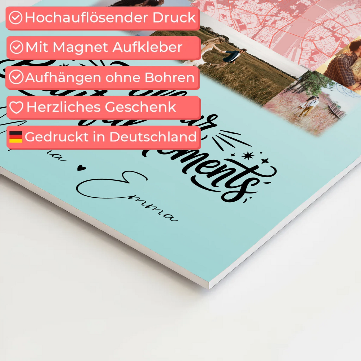 Personalisiertes Fotoboard Magnet Poster mit 10 Fotos und Karte in der Mitte für individuelle Geschenke 10