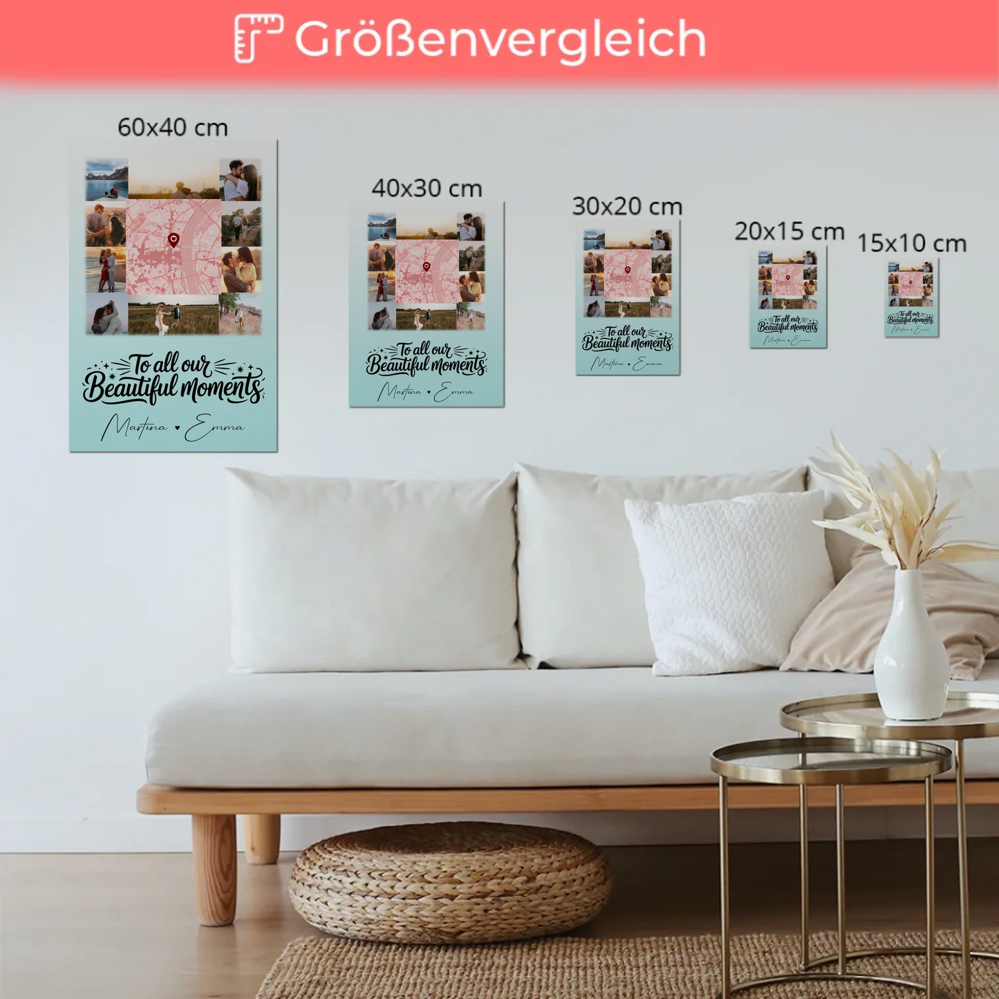 Personalisiertes Fotoboard Magnet Poster mit 10 Fotos und Karte in der Mitte für individuelle Geschenke