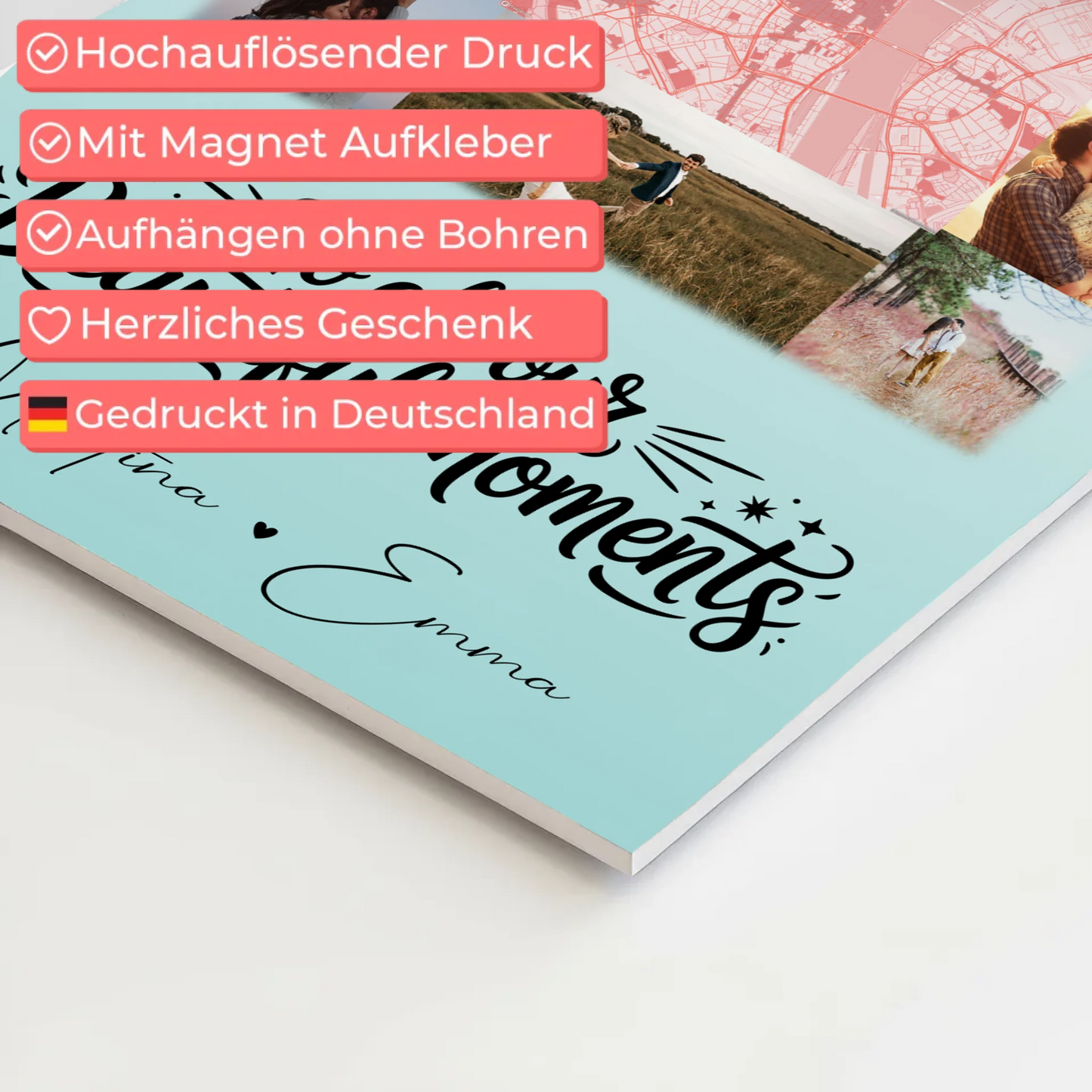 Personalisiertes Fotoboard Magnet Poster mit 10 Fotos und Karte in der Mitte für individuelle Geschenke