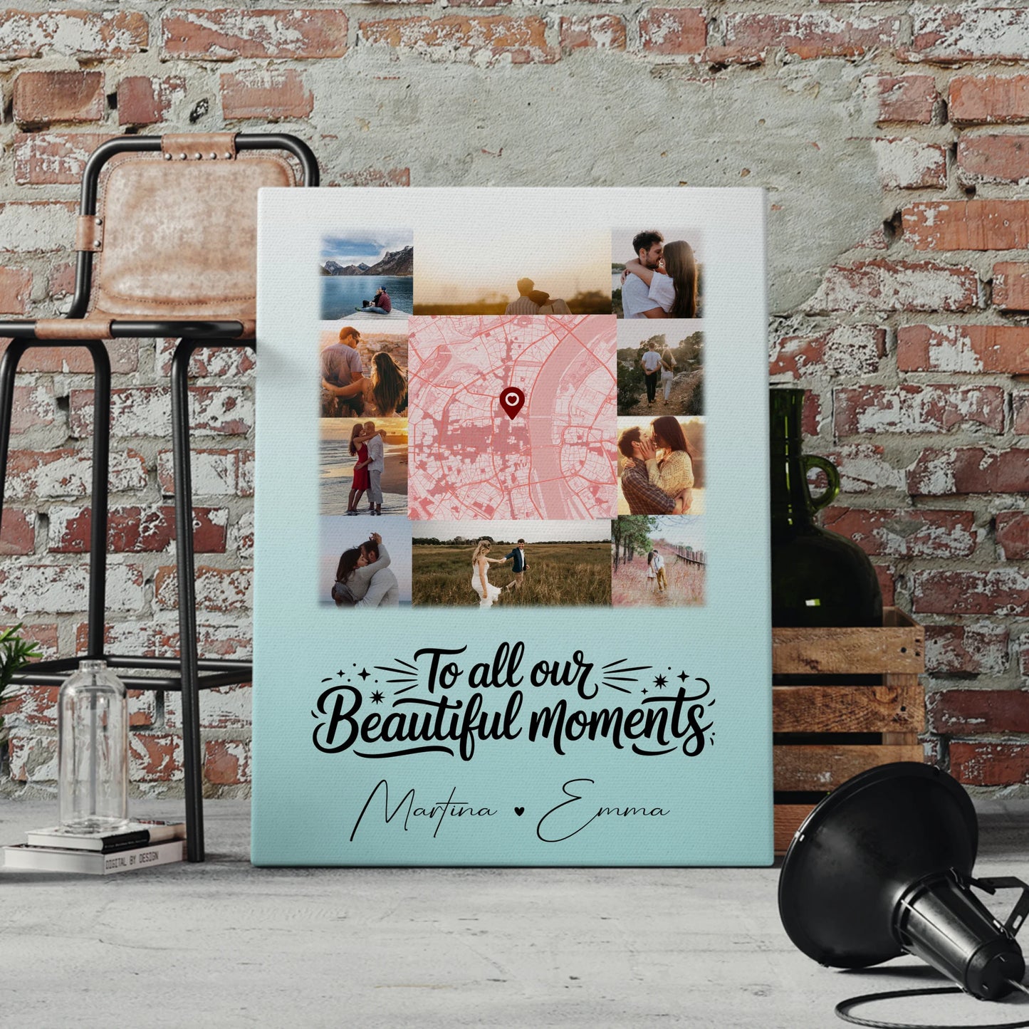Personalisierte Paar Leinwand mit 10 Fotos und Karte in der Mitte – Perfektes Geschenk 4