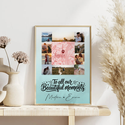 Karten Poster Personalisiert mit 10 Fotos & Karte in der Mitte als einzigartige Geschenkidee