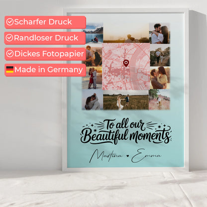 Karten Poster Personalisiert mit 10 Fotos & Karte in der Mitte als einzigartige Geschenkidee