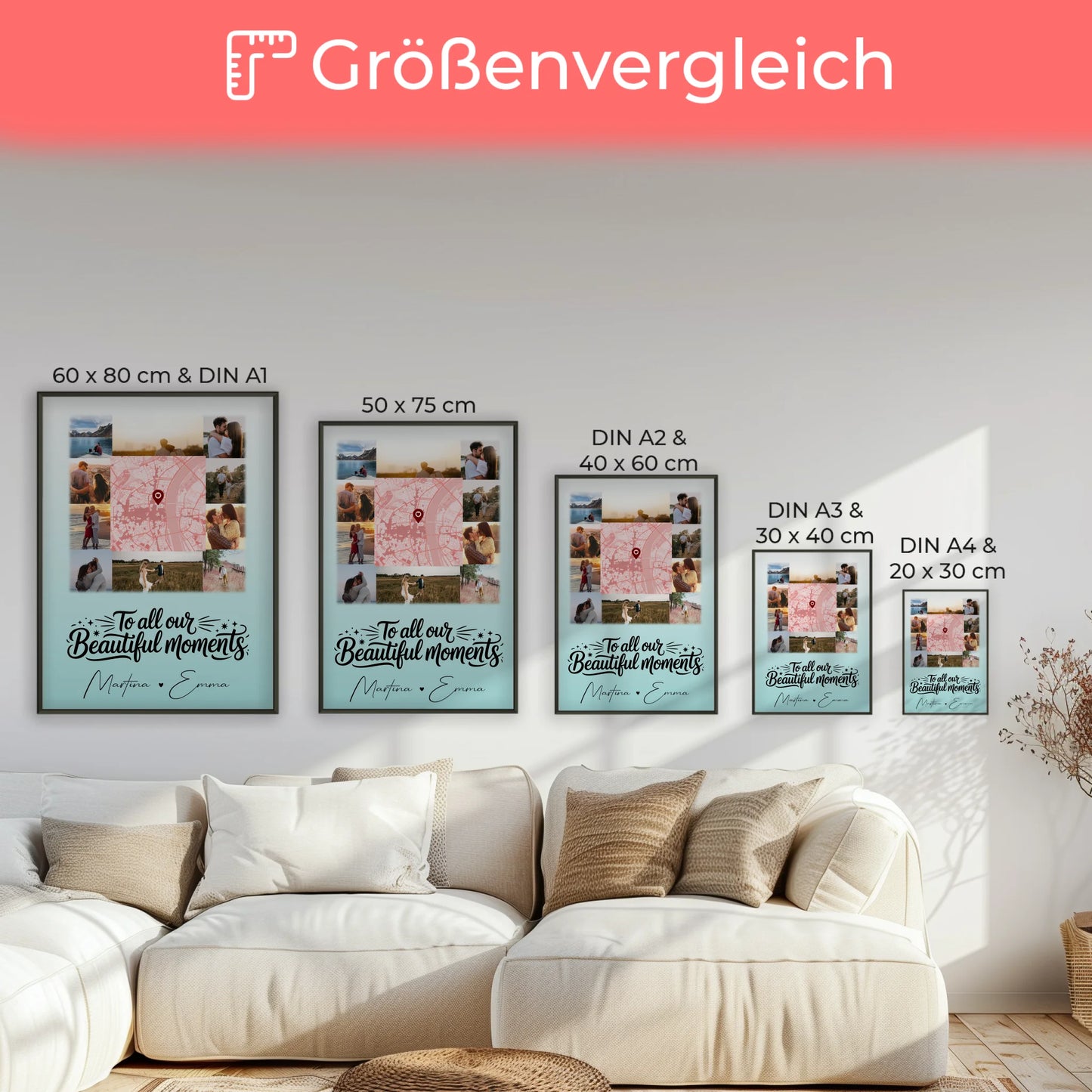 Karten Poster Personalisiert mit 10 Fotos & Karte in der Mitte als einzigartige Geschenkidee