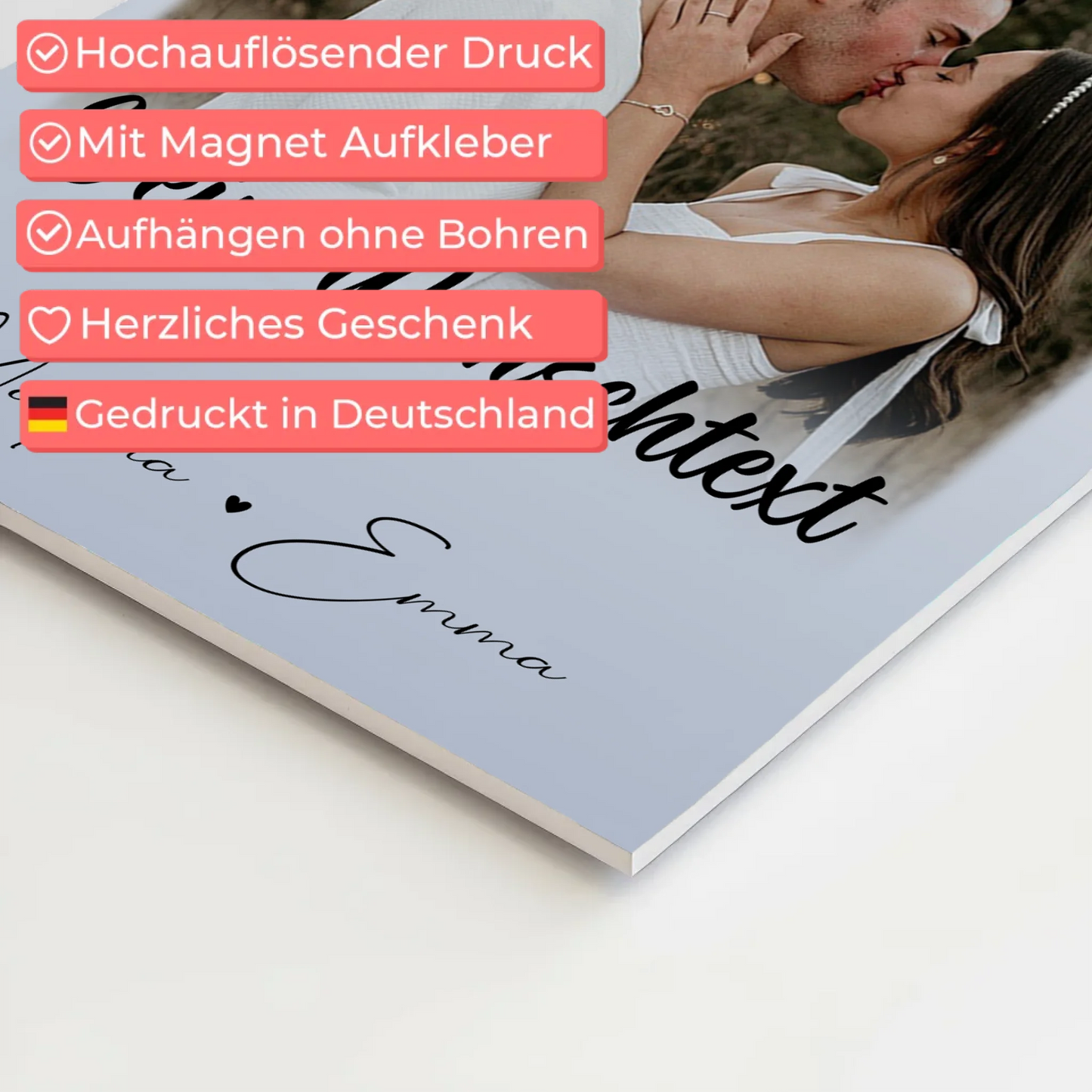 Personalisierte Fotoboard Magnet Poster mit 4 Fotos Wunschtext und Herz – Real Love Storys Never End