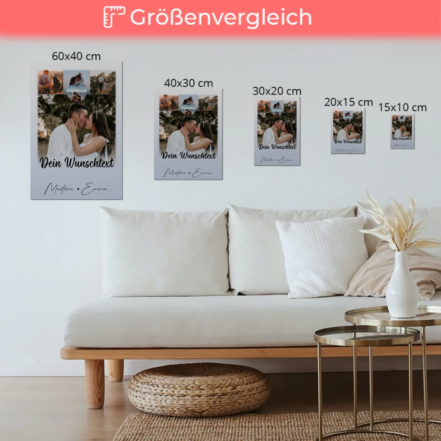 Personalisierte Fotoboard Magnet Poster mit 4 Fotos Wunschtext und Herz – Real Love Storys Never End