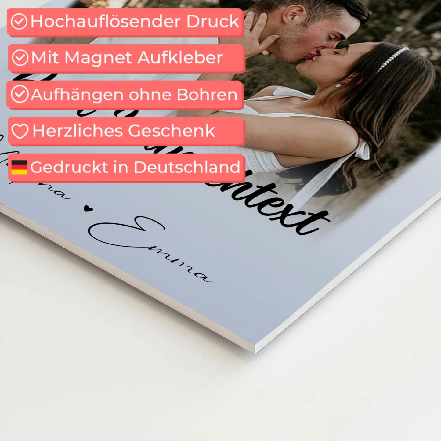 Personalisierte Fotoboard Magnet Poster mit 4 Fotos Wunschtext und Herz – Real Love Storys Never End