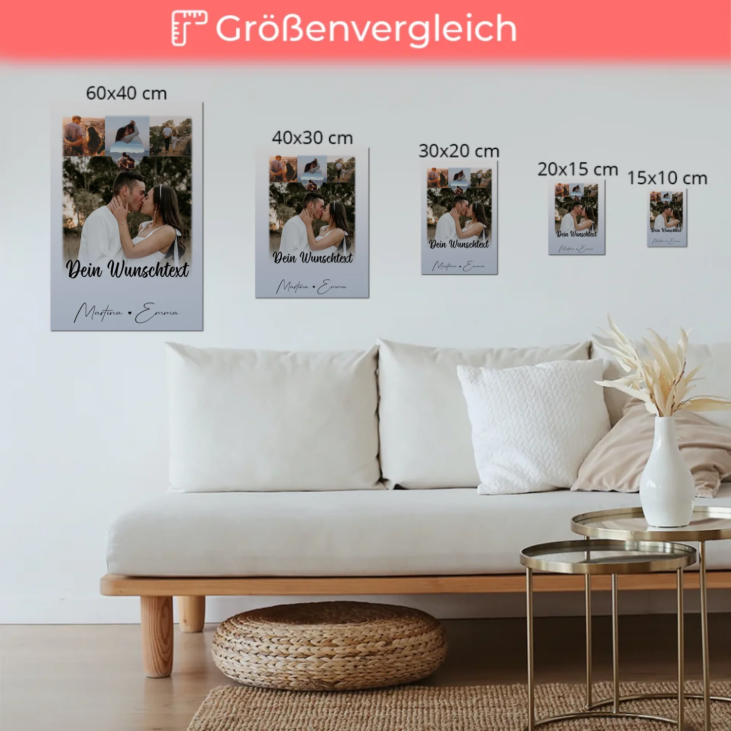 Personalisierte Fotoboard Magnet Poster mit 4 Fotos Wunschtext und Herz – Real Love Storys Never End