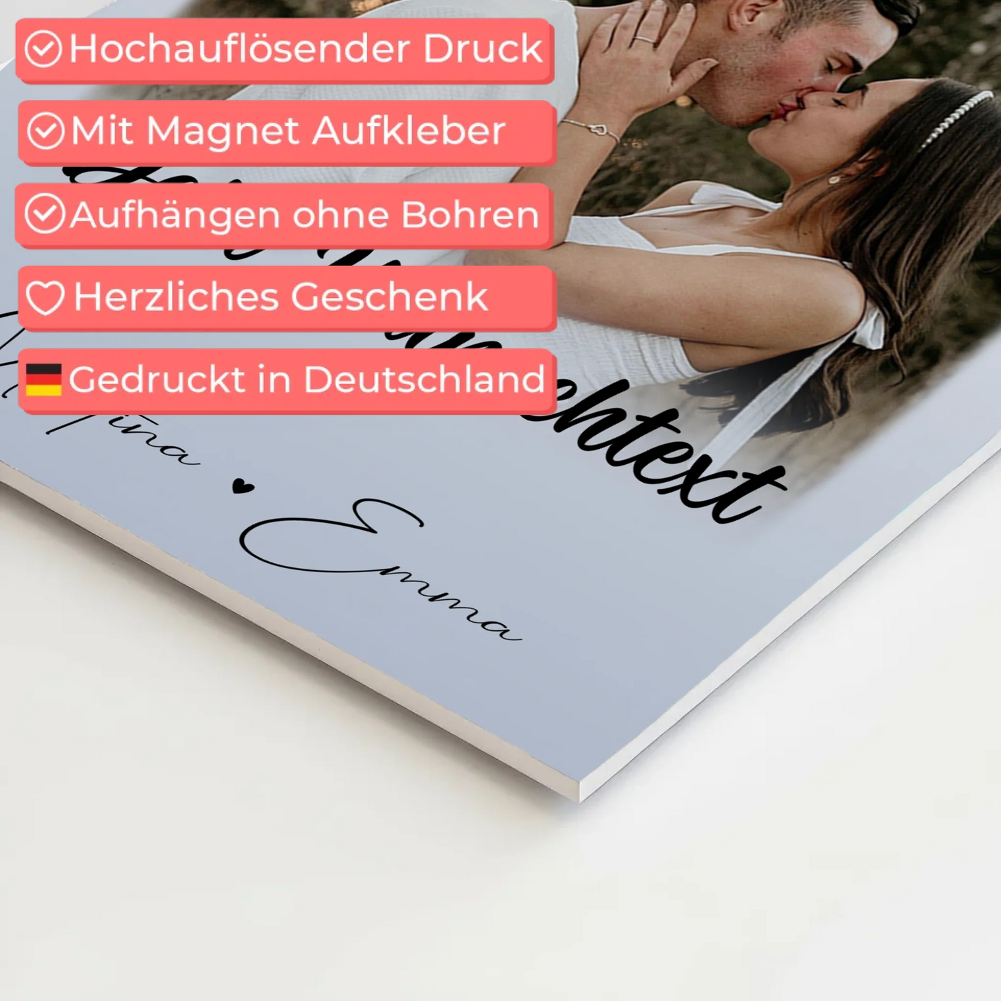 Personalisierte Fotoboard Magnet Poster mit 4 Fotos Wunschtext und Herz – Real Love Storys Never End