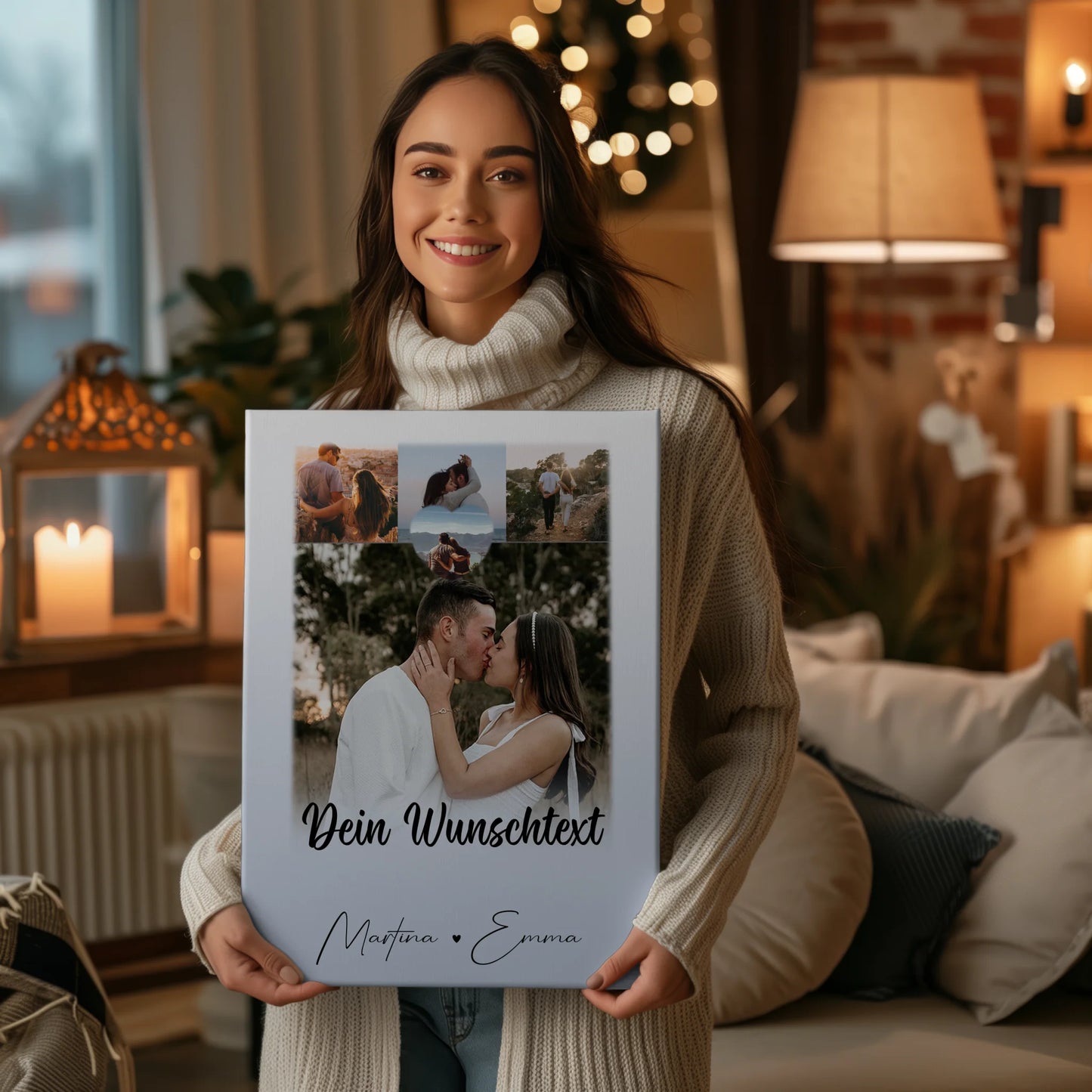 Personalisierte Leinwand Paare mit 4 Fotos 1 Herz Wunschtext Real Love Storys Never End