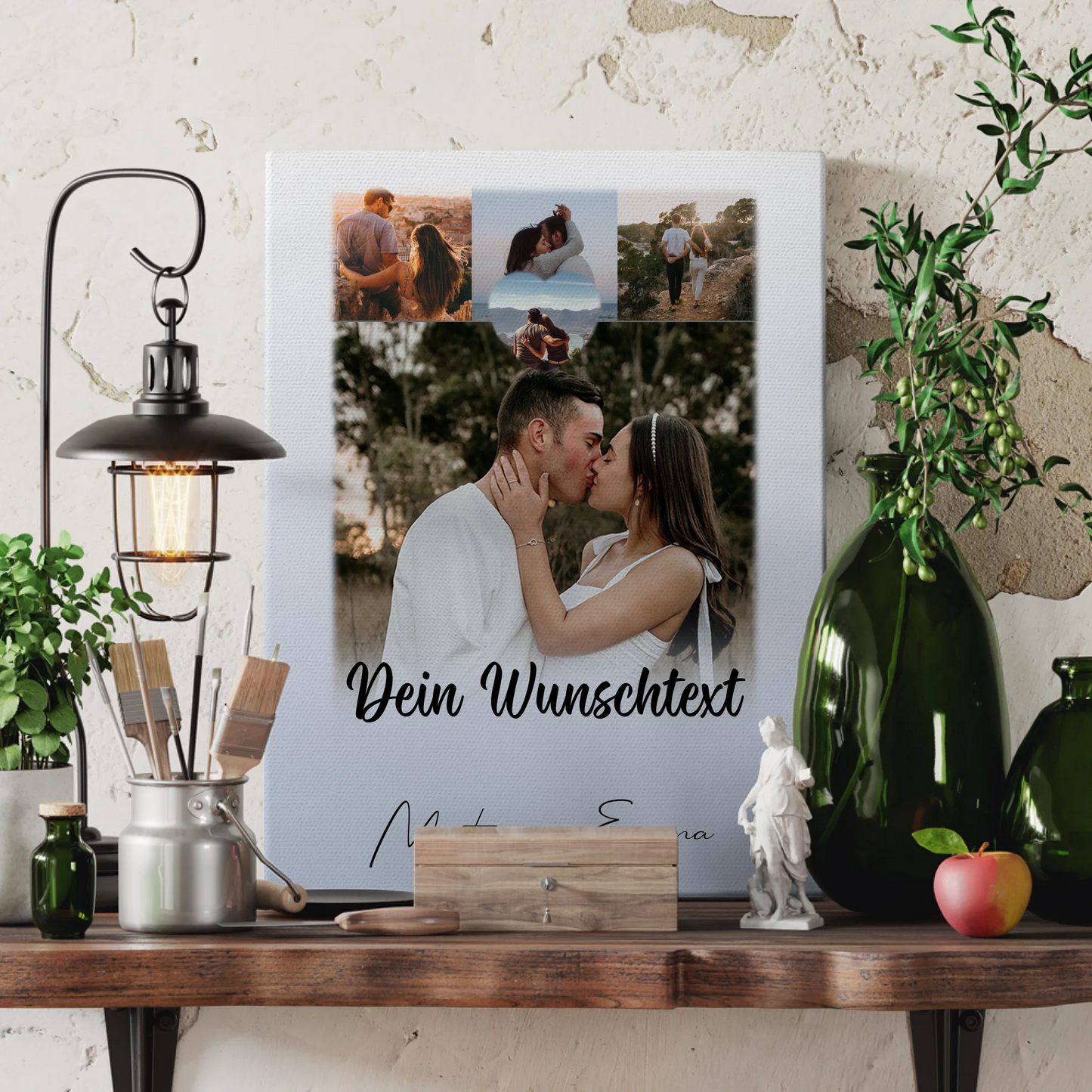 Personalisierte Leinwand Paare mit 4 Fotos 1 Herz Wunschtext Real Love Storys Never End