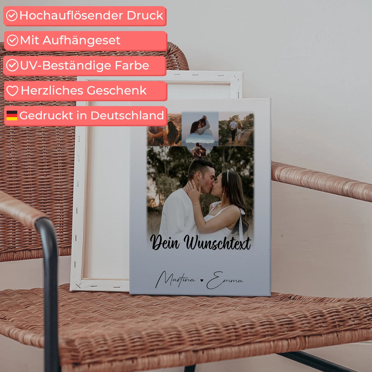 Personalisierte Leinwand Paare mit 4 Fotos 1 Herz Wunschtext Real Love Storys Never End