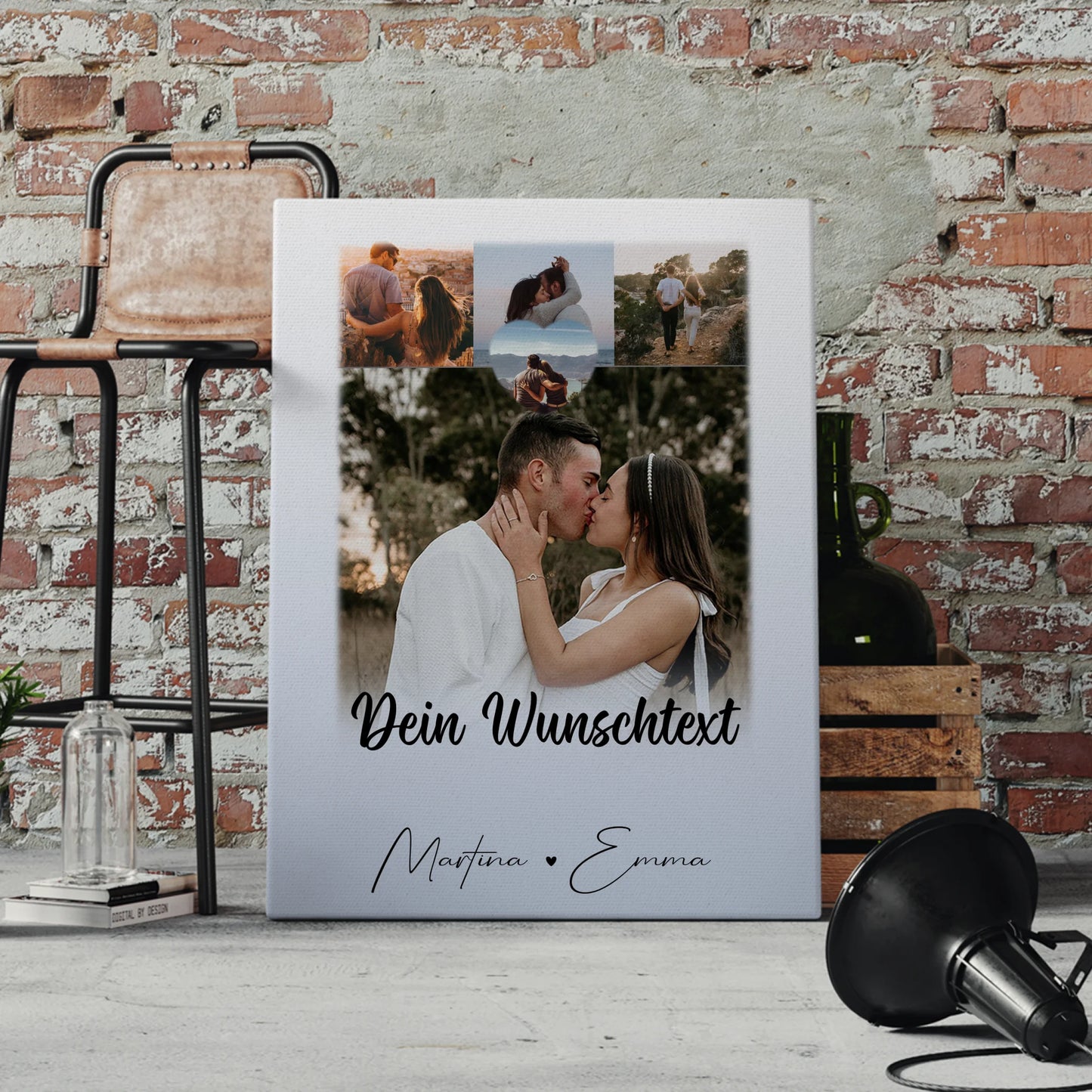 Personalisierte Leinwand Paare mit 4 Fotos 1 Herz Wunschtext Real Love Storys Never End