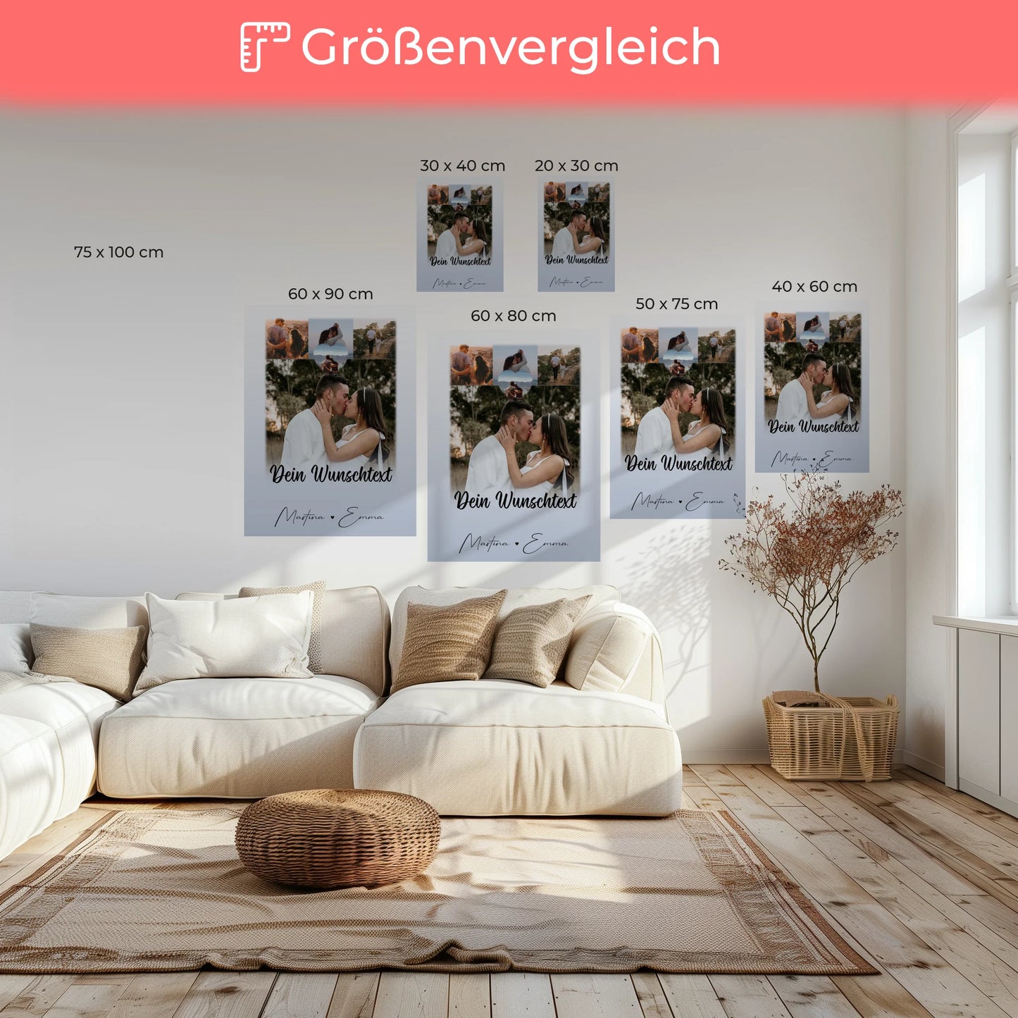 Personalisierte Leinwand Paare mit 4 Fotos 1 Herz Wunschtext Real Love Storys Never End