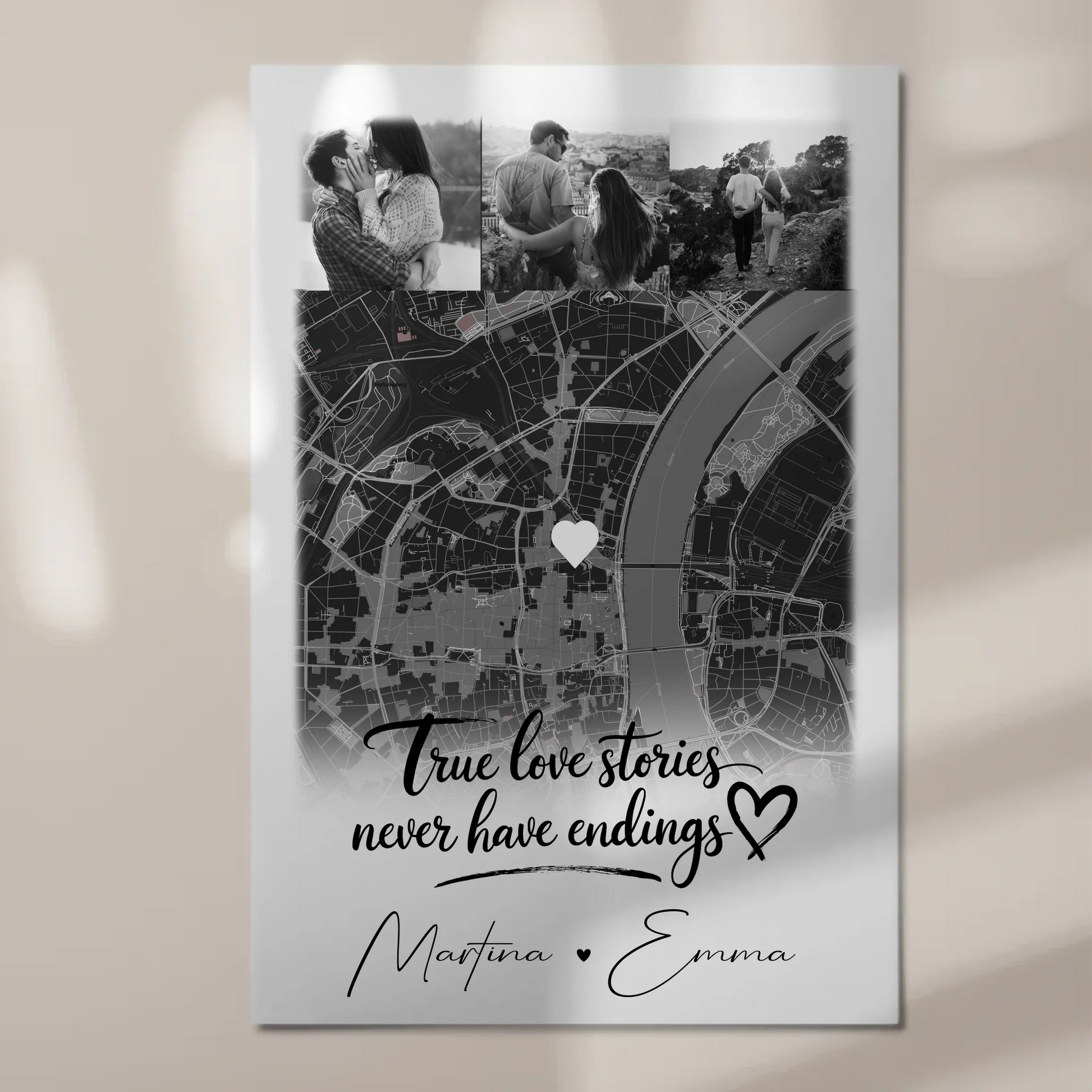 Magnetposter Fotoboard mit 4 Fotos und Karte True Love Stories personalisiertes Geschenk 1