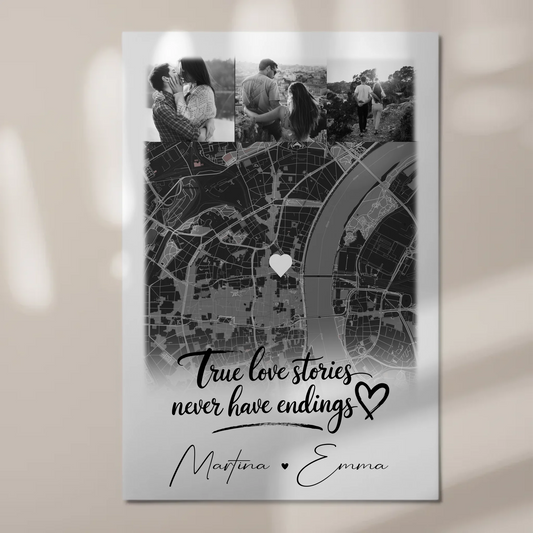 Magnetposter Fotoboard mit 4 Fotos und Karte True Love Stories personalisiertes Geschenk 1