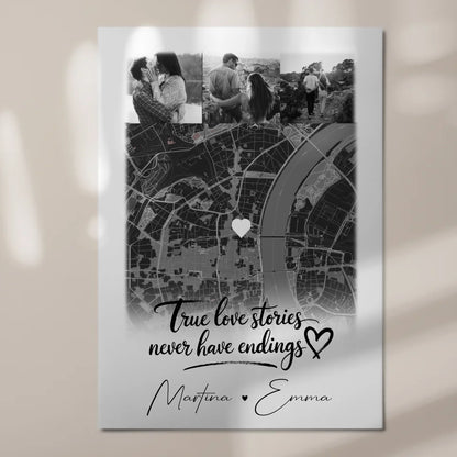 Magnetposter Fotoboard mit 4 Fotos und Karte True Love Stories personalisiertes Geschenk