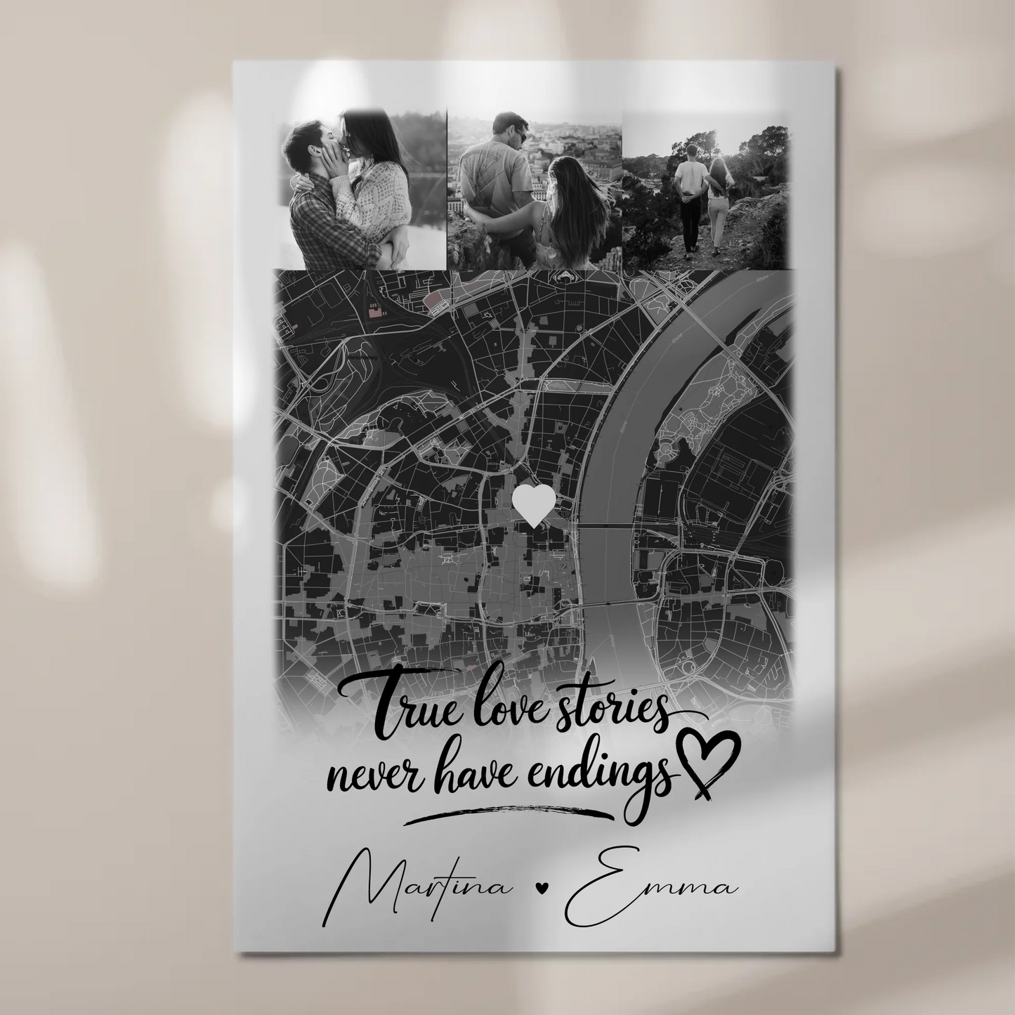 Magnetposter Fotoboard mit 4 Fotos und Karte True Love Stories personalisiertes Geschenk