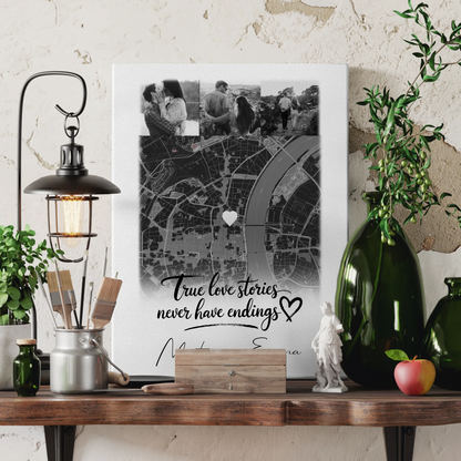 Personalisierte Pärchen Leinwand mit 4 Fotos und Karte True Love Stories Geschenk