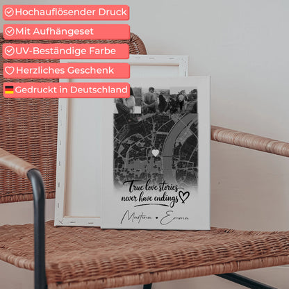 Personalisierte Pärchen Leinwand mit 4 Fotos und Karte True Love Stories Geschenk
