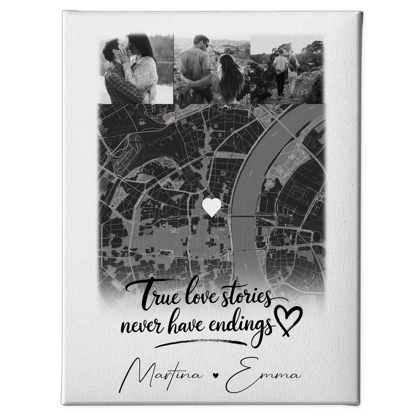 Personalisierte Pärchen Leinwand mit 4 Fotos und Karte True Love Stories Geschenk