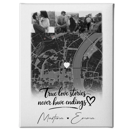 Personalisierte Pärchen Leinwand mit 4 Fotos und Karte True Love Stories Geschenk