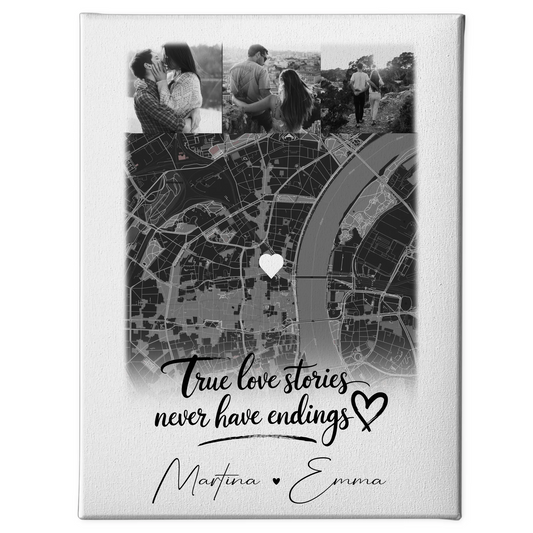 Personalisierte Pärchen Leinwand mit 4 Fotos und Karte True Love Stories Geschenk