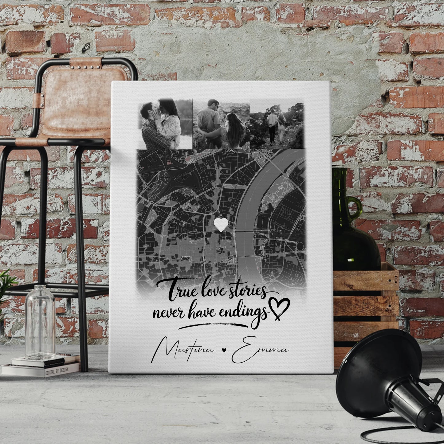 Personalisierte Pärchen Leinwand mit 4 Fotos und Karte True Love Stories Geschenk